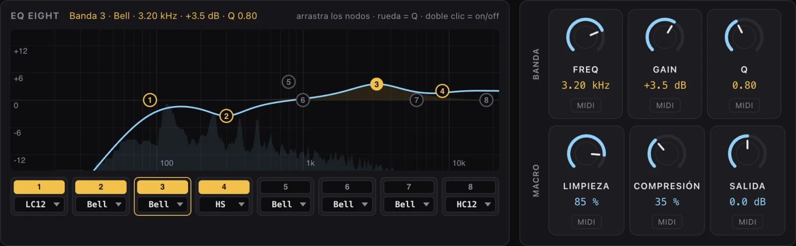 Ecualizador de 8 bandas con espectro en vivo