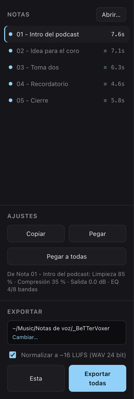 Lista de notas con los ajustes aplicados a todas